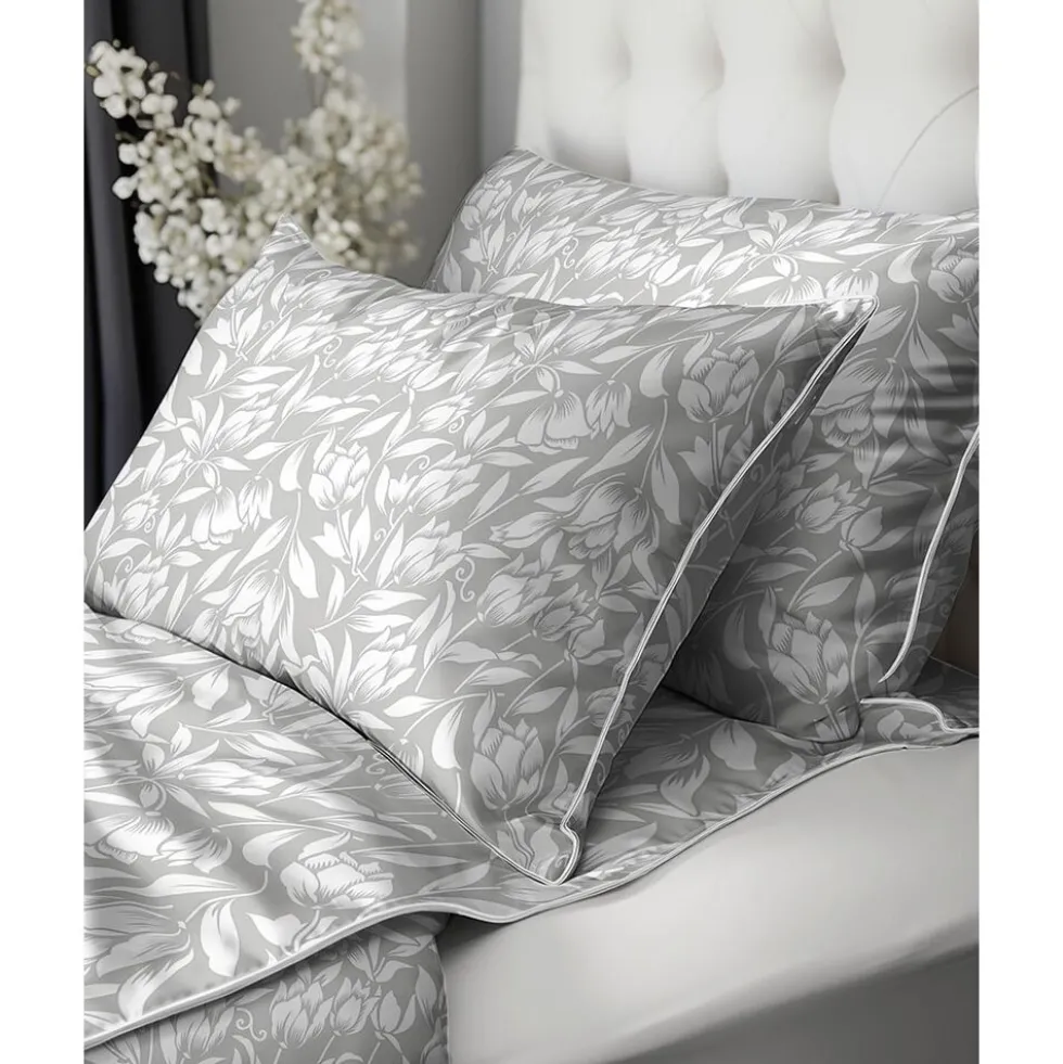 Pościel z perkalu 220 x 200 cm Lame Percale, białe kwiaty, szara
