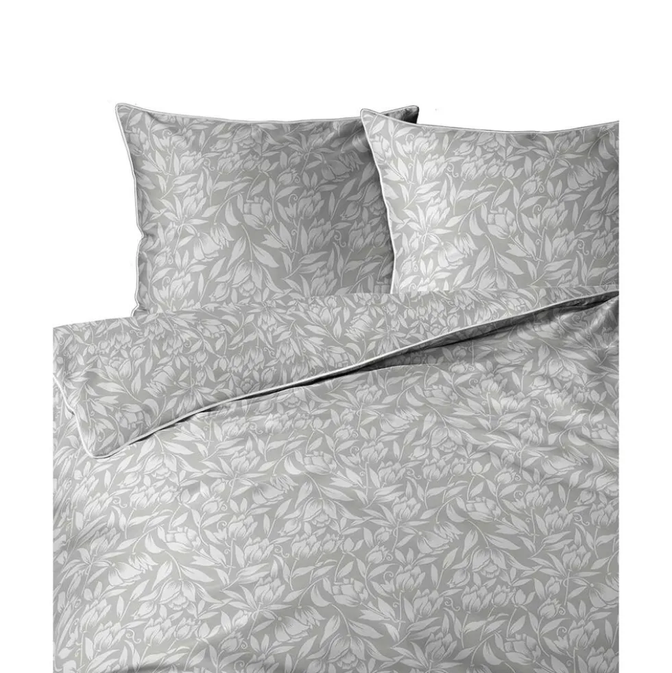 Pościel z perkalu 220 x 200 cm Lame Percale, białe kwiaty, szara