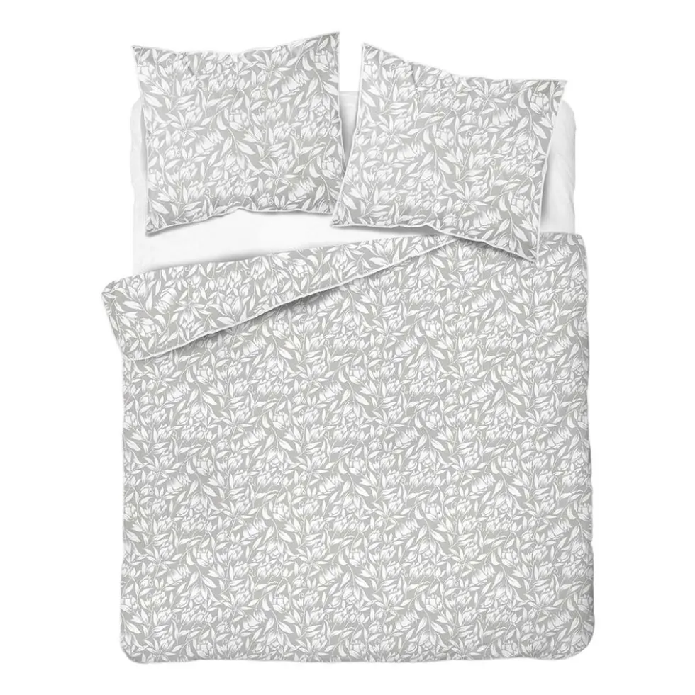 Pościel z perkalu 220 x 200 cm Lame Percale, białe kwiaty, szara