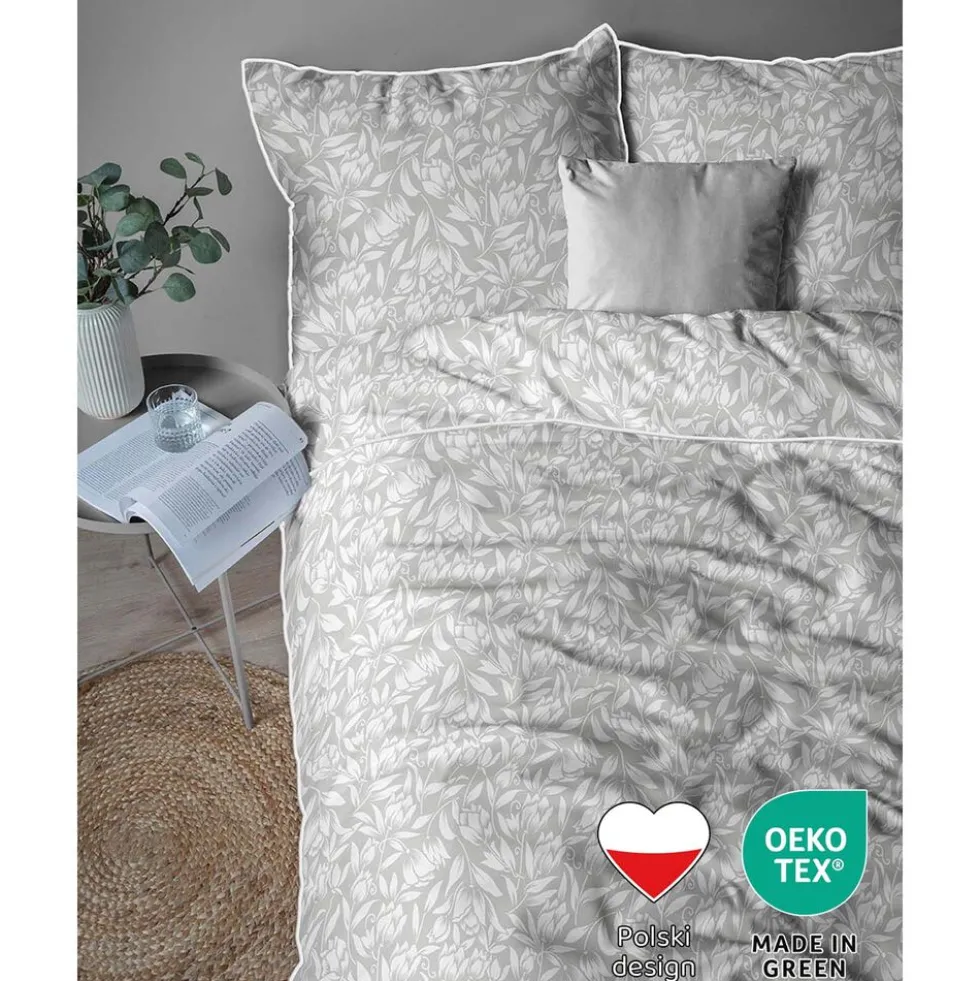 Pościel z perkalu 220 x 200 cm Lame Percale, białe kwiaty, szara