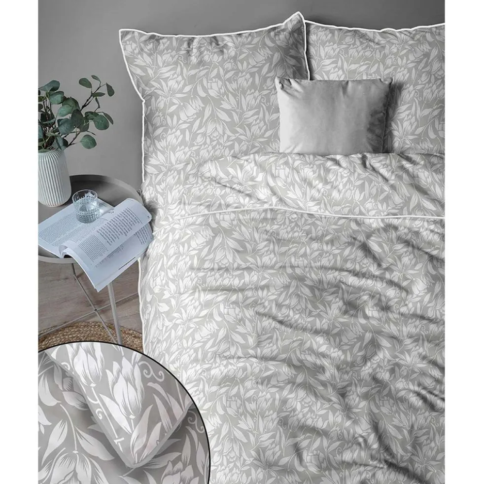 Pościel z perkalu 220 x 200 cm Lame Percale, białe kwiaty, szara