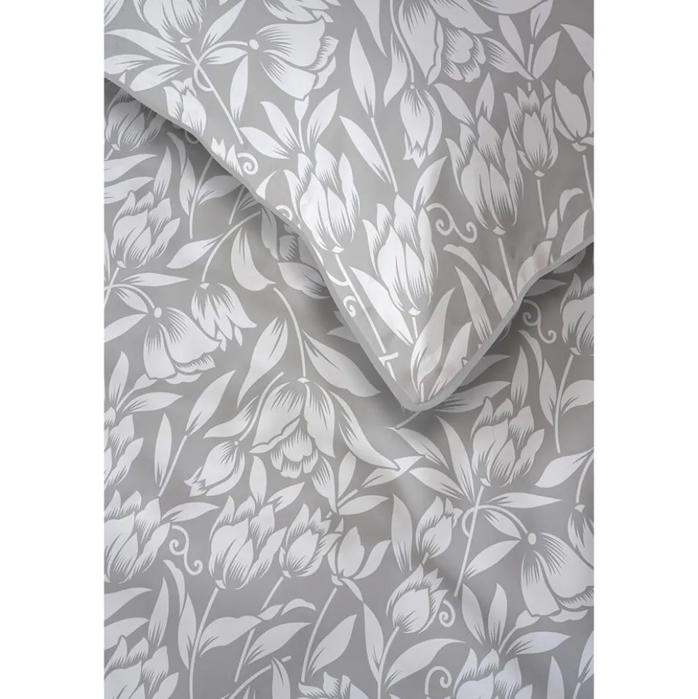 Pościel z perkalu 220 x 200 cm Lame Percale, białe kwiaty, szara