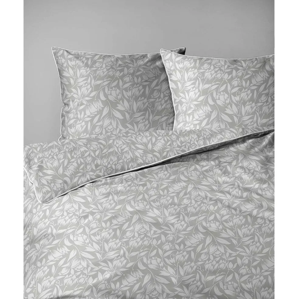 Pościel z perkalu 220 x 200 cm Lame Percale, białe kwiaty, szara