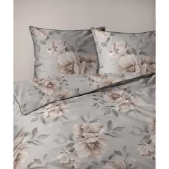 Pościel z perkalu 160 x 200 cm Lame Percale, kwiaty, szara