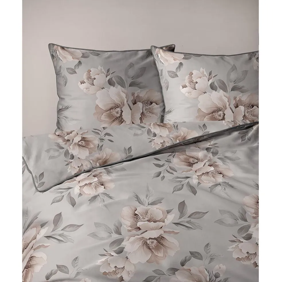 Pościel z perkalu 160 x 200 cm Lame Percale, kwiaty, szara
