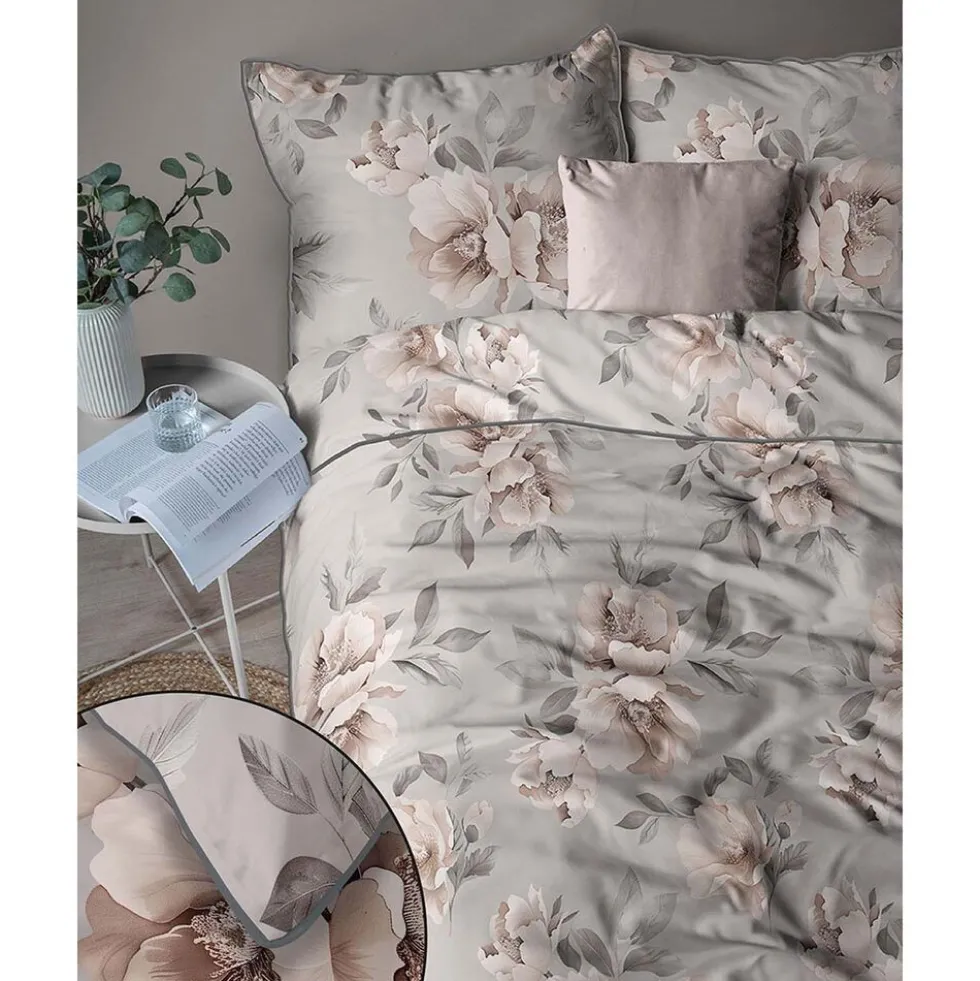Pościel z perkalu 160 x 200 cm Lame Percale, kwiaty, szara