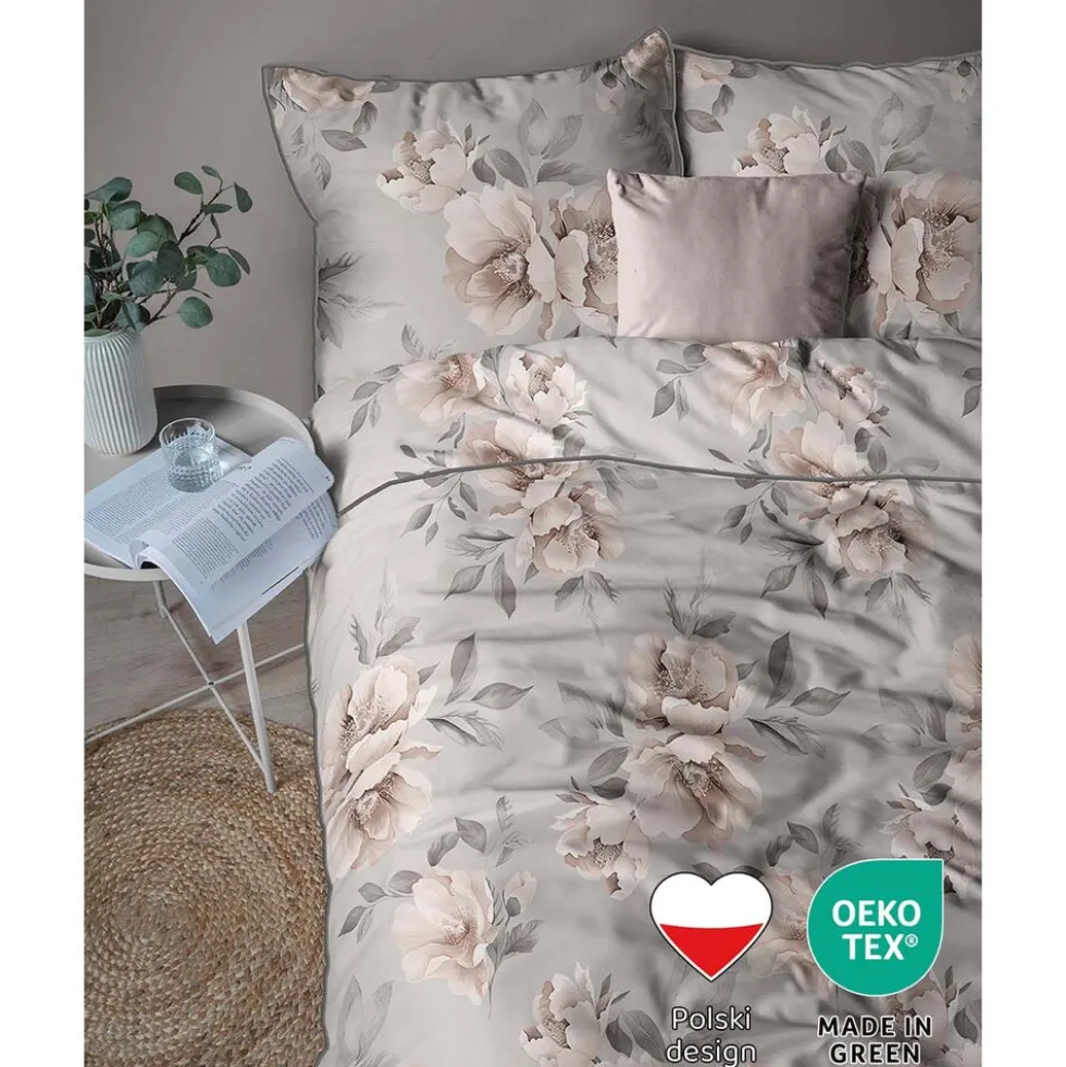 Pościel z perkalu 160 x 200 cm Lame Percale, kwiaty, szara