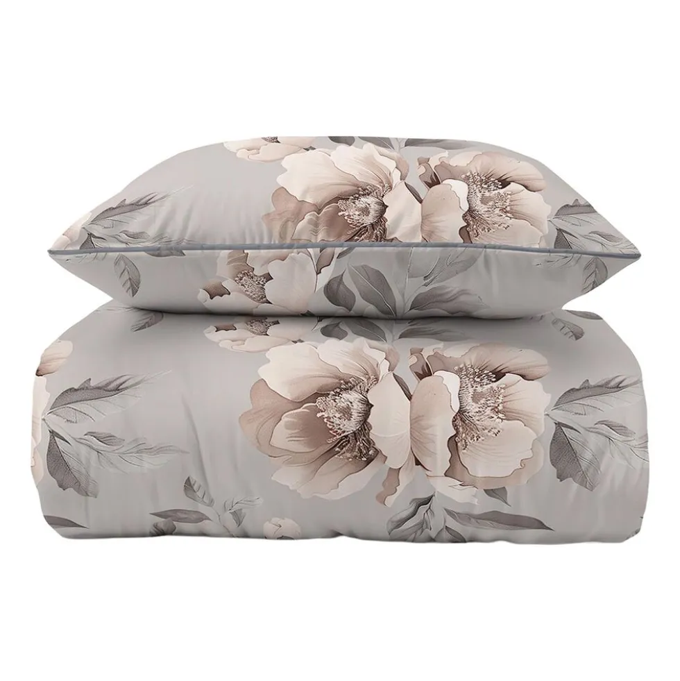 Pościel z perkalu 160 x 200 cm Lame Percale, kwiaty, szara