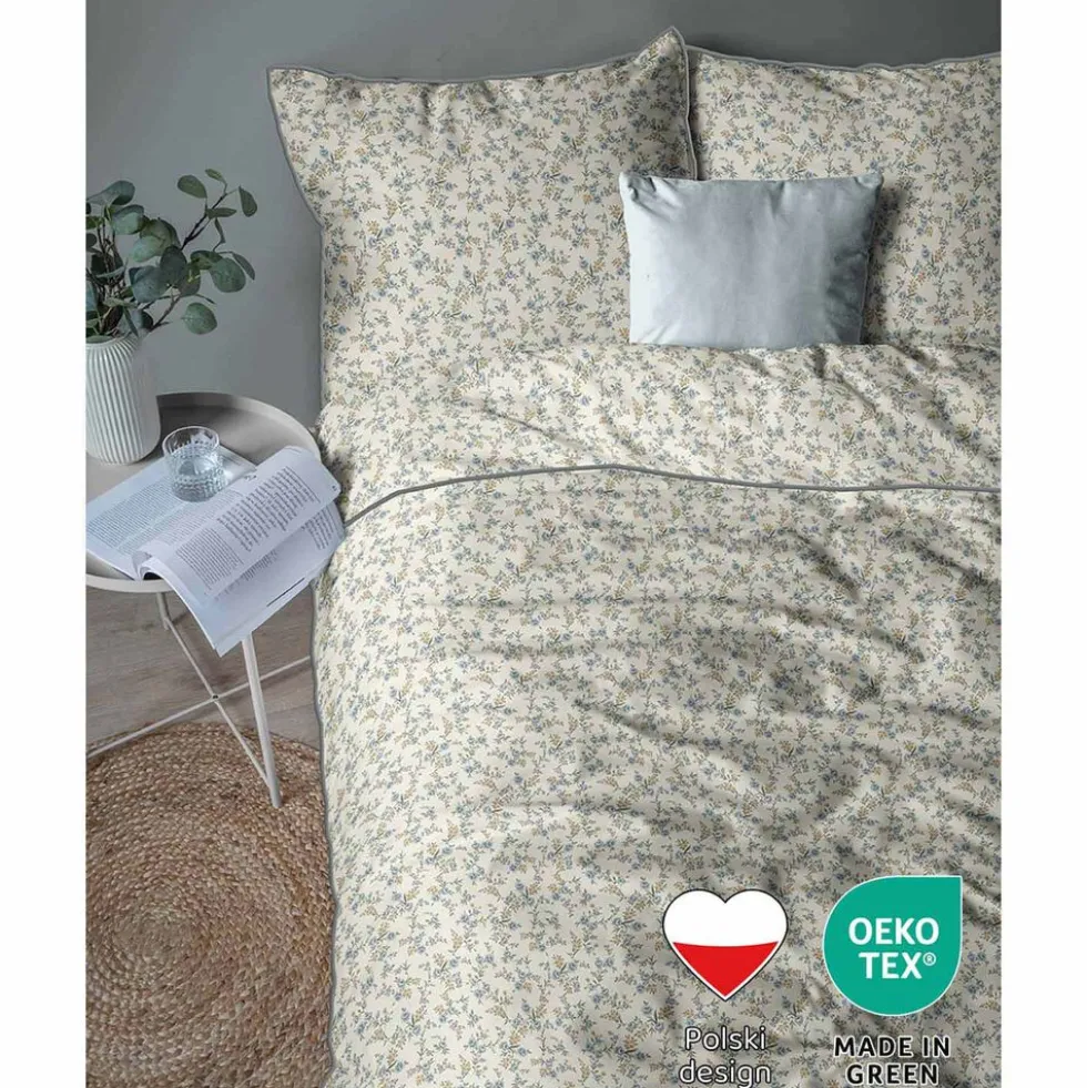 Pościel z perkalu 160 x 200 cm Lame Percale, kwiatki, ecru