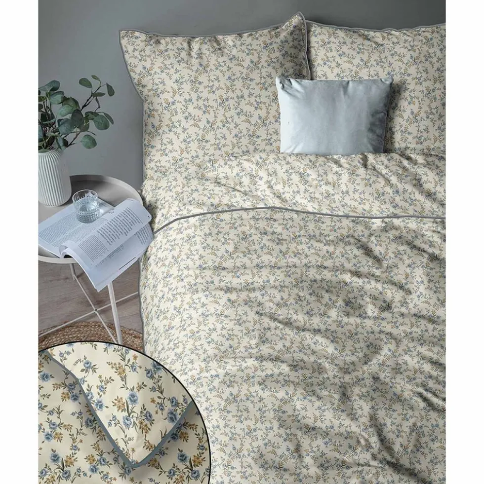Pościel z perkalu 160 x 200 cm Lame Percale, kwiatki, ecru