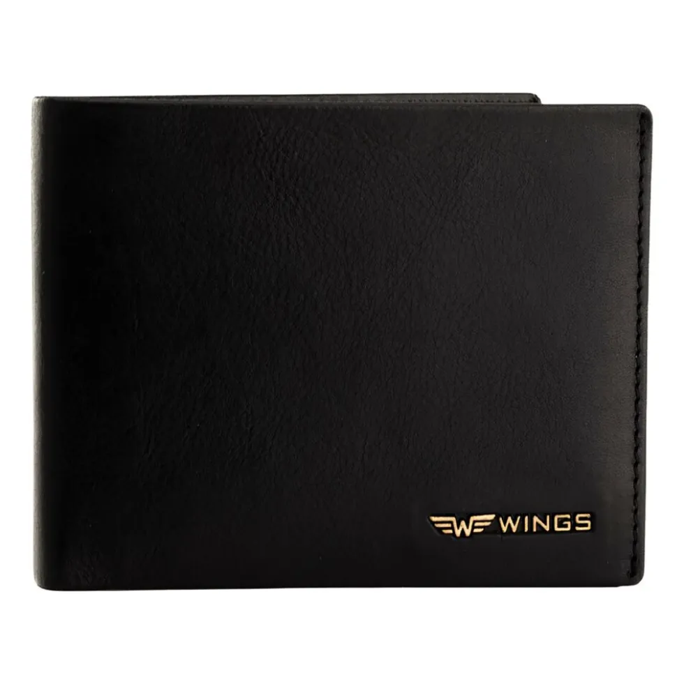 Portfel męski ze skóry bydlęcej Wings, 11 x 13 x 2 cm, RFID, czarny