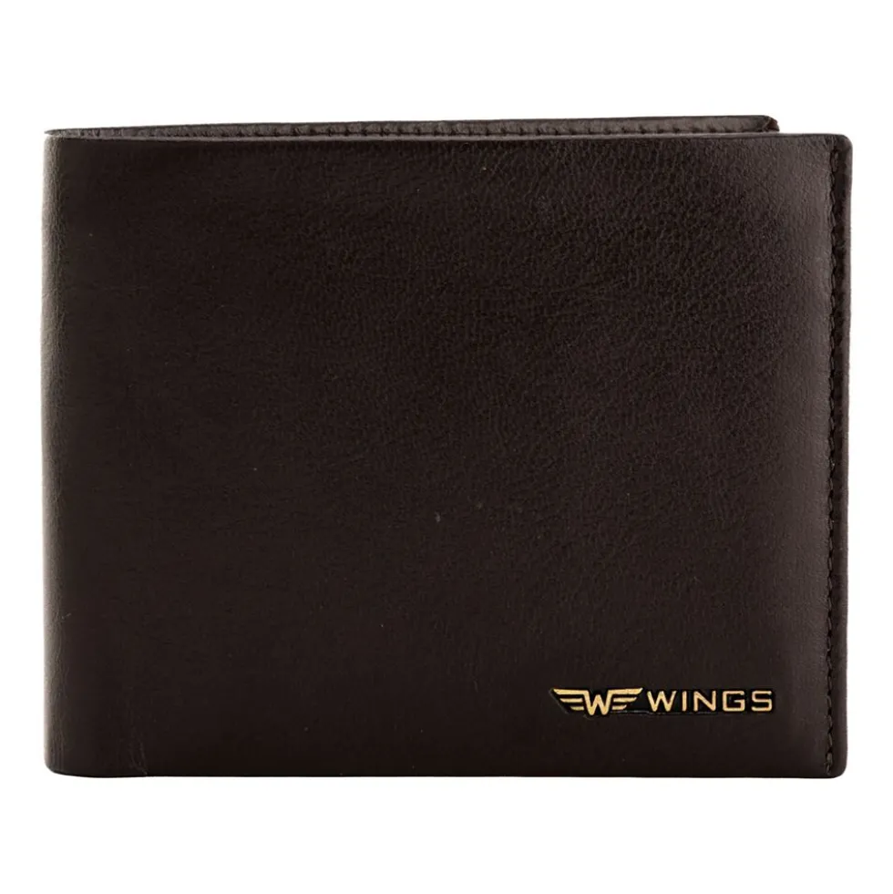 Portfel męski ze skóry bydlęcej Wings, 11 x 13 x 2 cm, RFID, z kieszenią na monety, brązowy