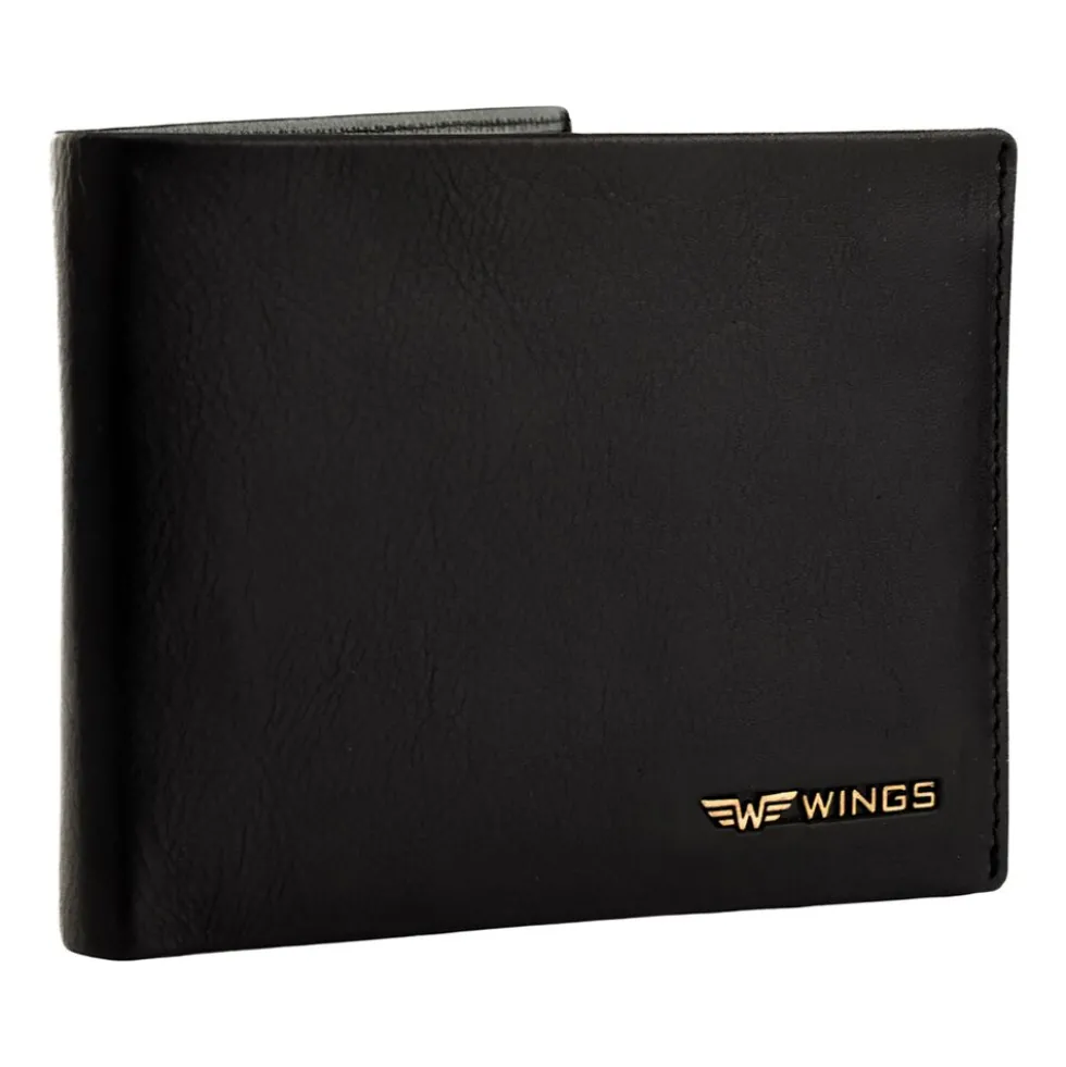Portfel męski ze skóry bydlęcej Wings, 11 x 13 x 2 cm, RFID, z kieszenią na monety, czarny
