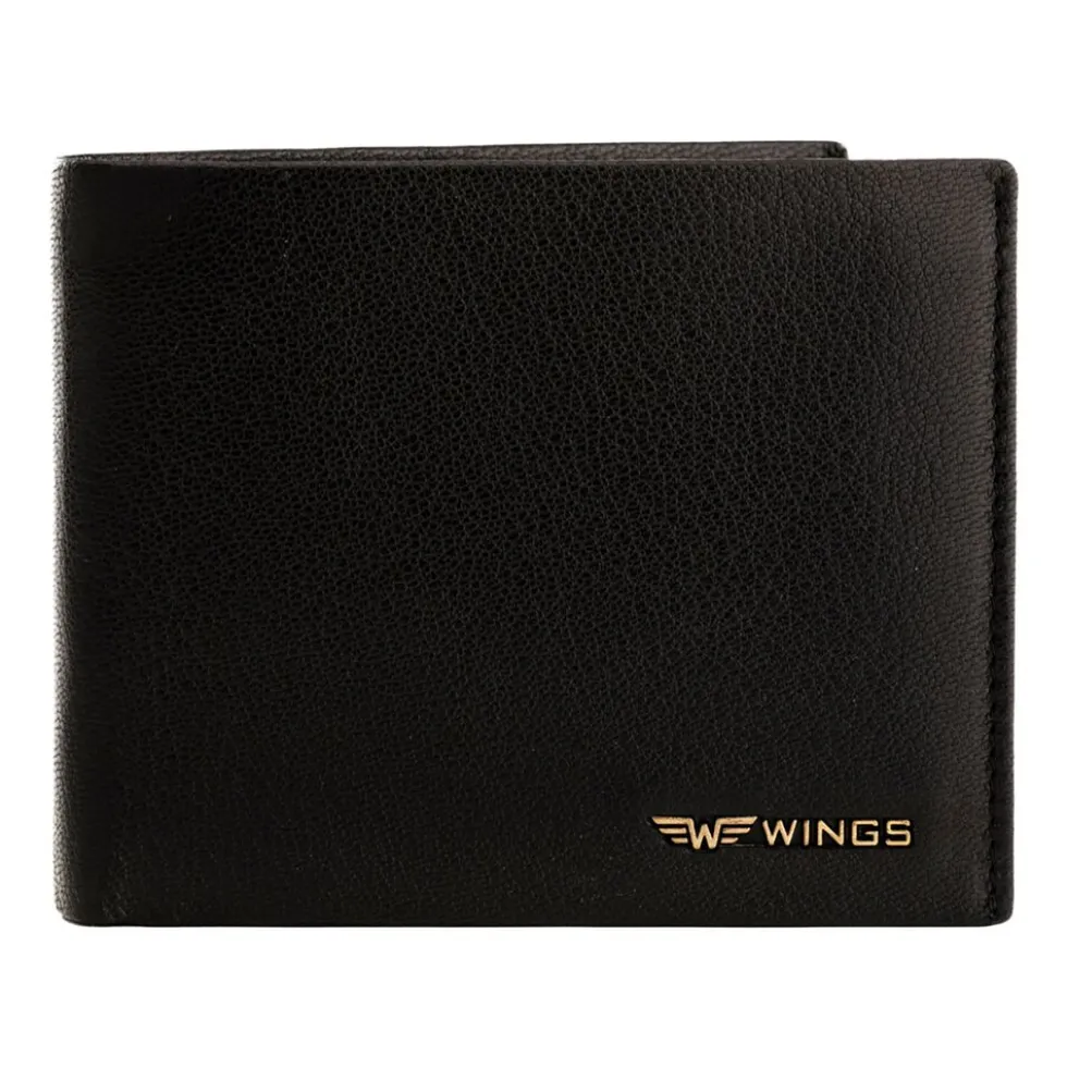 Portfel męski ze skóry koziej Wings, 11 x 13 x 2 cm, RFID, z kieszenią na monety, czarny