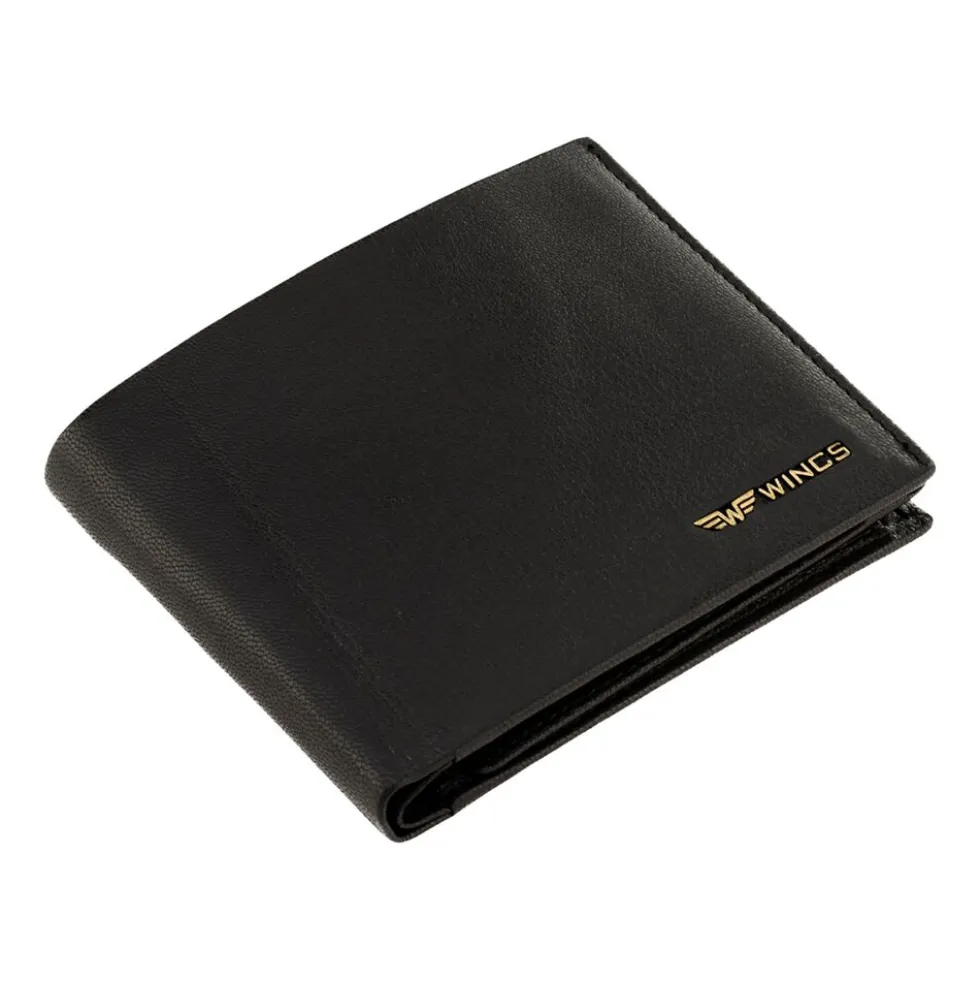 Portfel męski ze skóry koziej Wings, 11 x 13 x 2 cm, RFID, z kieszenią na monety, czarny