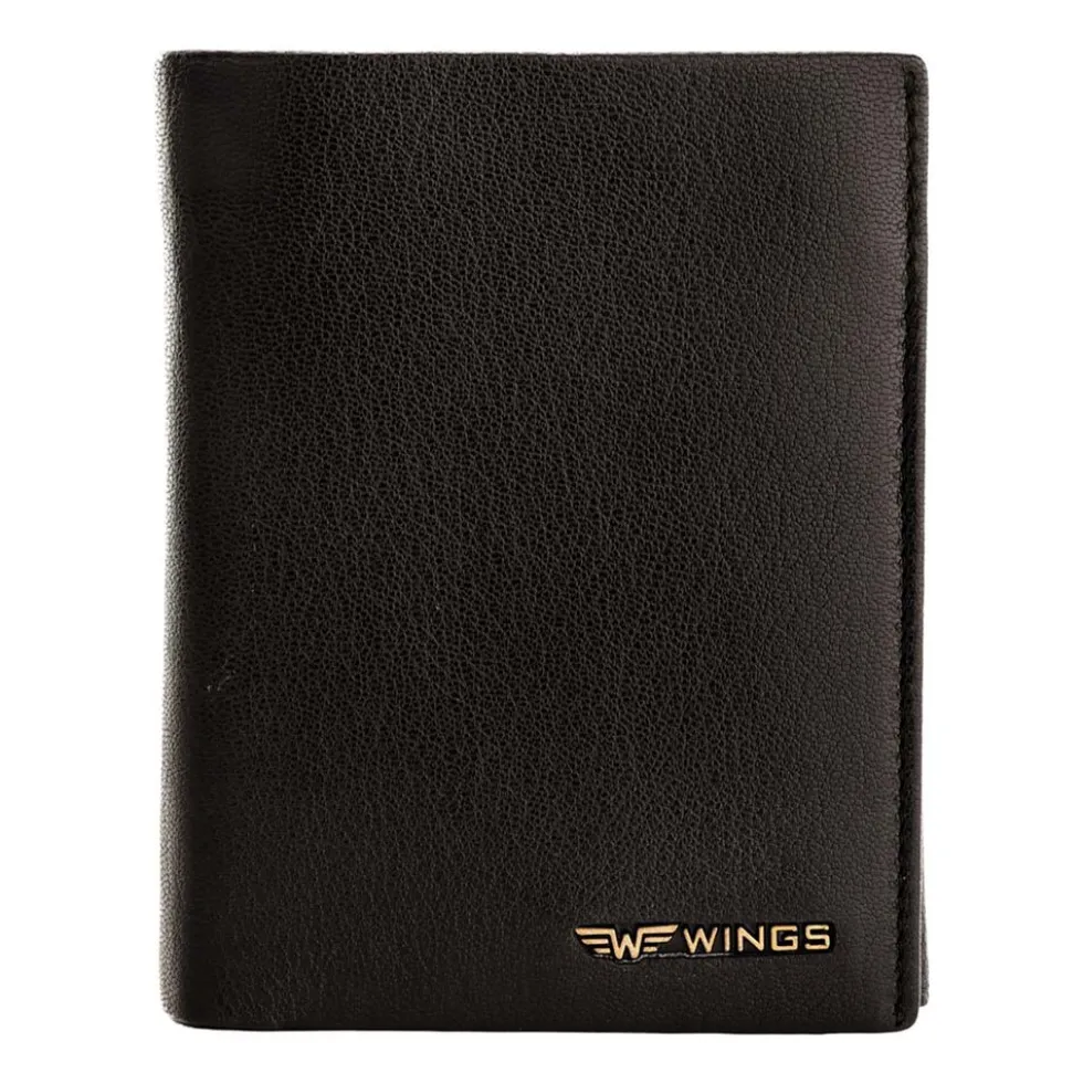 Portfel męski ze skóry koziej Wings, 13 x 10 x 2 cm, RFID, czarny