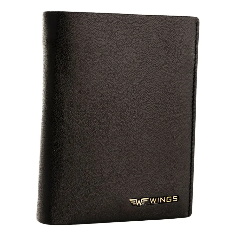 Portfel męski ze skóry koziej Wings, 13 x 10 x 2 cm, RFID, czarny