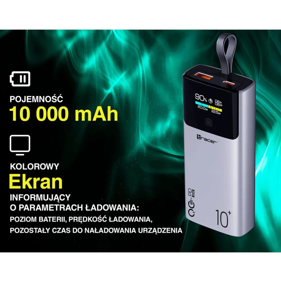 Powerbank Tracer Comet, 10000 mAh, 20 W, czarno-stalowy