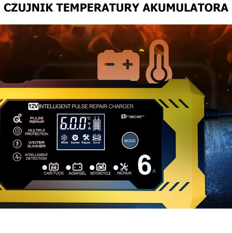 Prostownik automatyczny 12V/6A Tracer DT126, z funkcją diagnozy i regeneracji