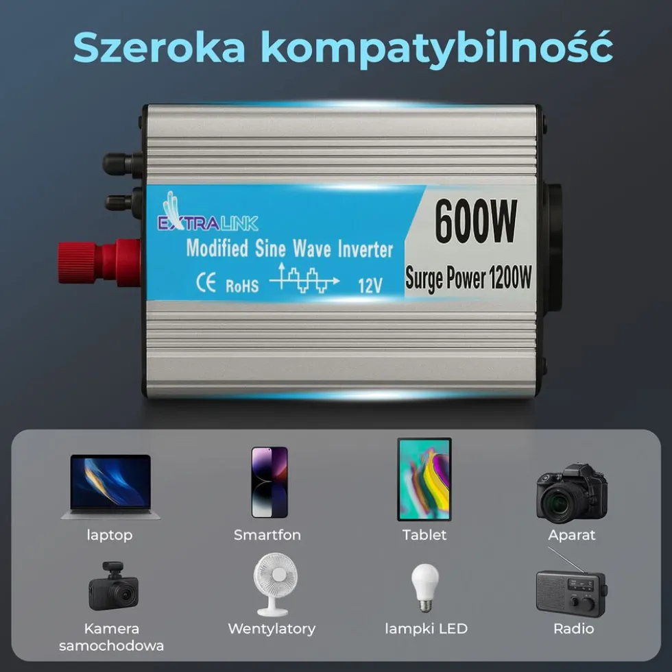 Przetwornica Extralink OPIM-600W, 600 W, modyfikowany sinus, moc szczytowa 1200 W