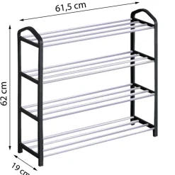 Regał na buty Smukee 62 x 20 x 62 cm, 4 półki, metalowy, czarny, srebrny