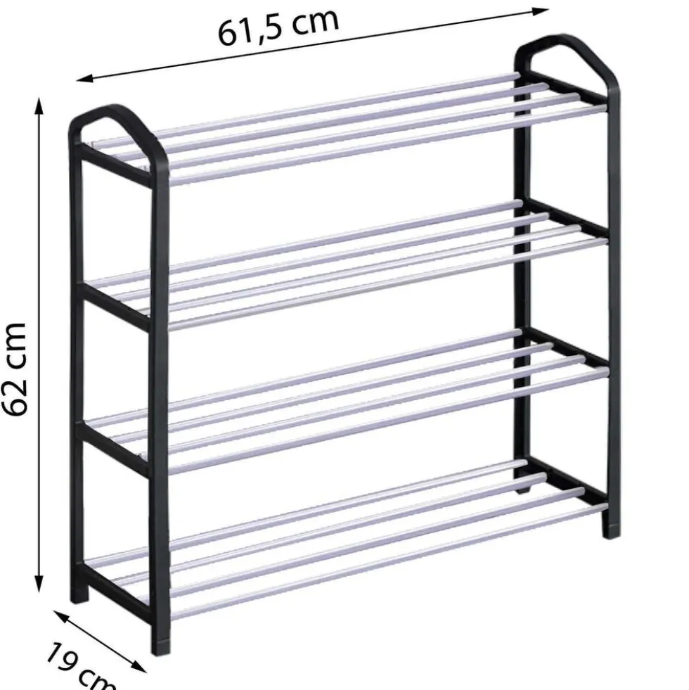 Regał na buty Smukee 62 x 20 x 62 cm, 4 półki, metalowy, czarny, srebrny