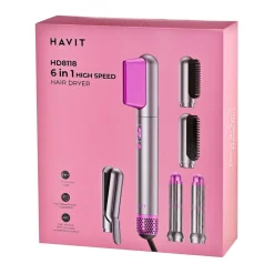 Suszarka do włosow Havit HD8118, 1200 W, 6 końcówek, różowo-szara