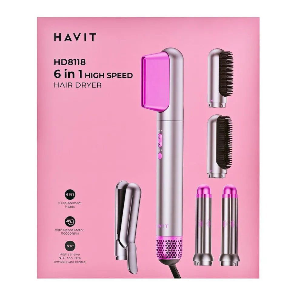 Suszarka do włosow Havit HD8118, 1200 W, 6 końcówek, różowo-szara