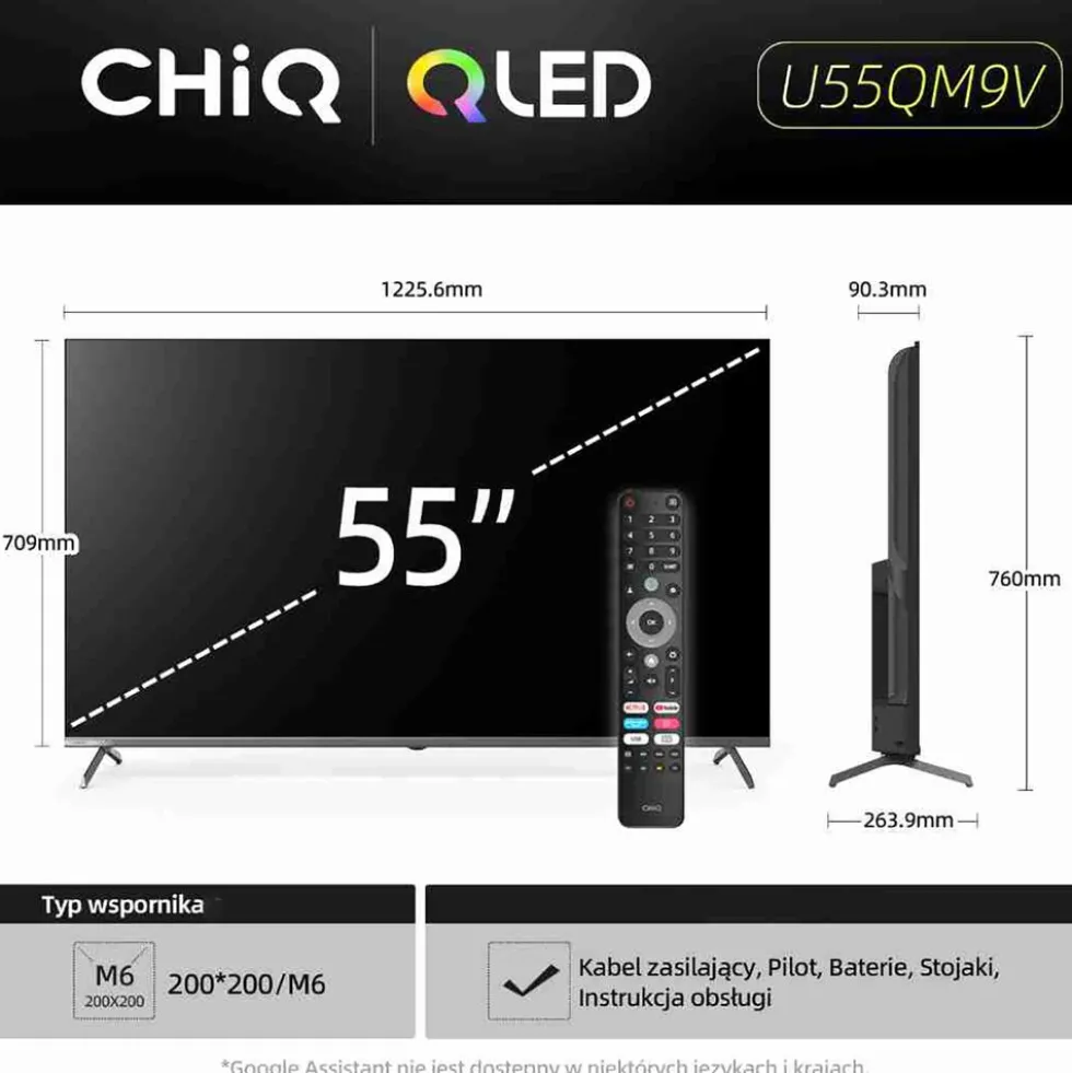 Telewizor 55” CHiQ U55QM9, bezramkowy, 4K Ultra HD, Google TV