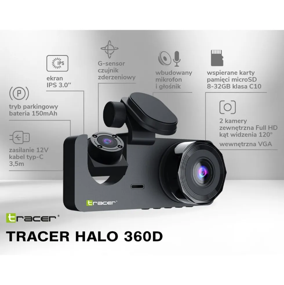 Wideorejestrator Tracer Halo 360D, Full HD, 2 kamery