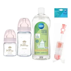 Zestaw dla niemowląt Canpol Babies, 2 x butelka, 2 x smoczek, szczotka i płyn, różowy