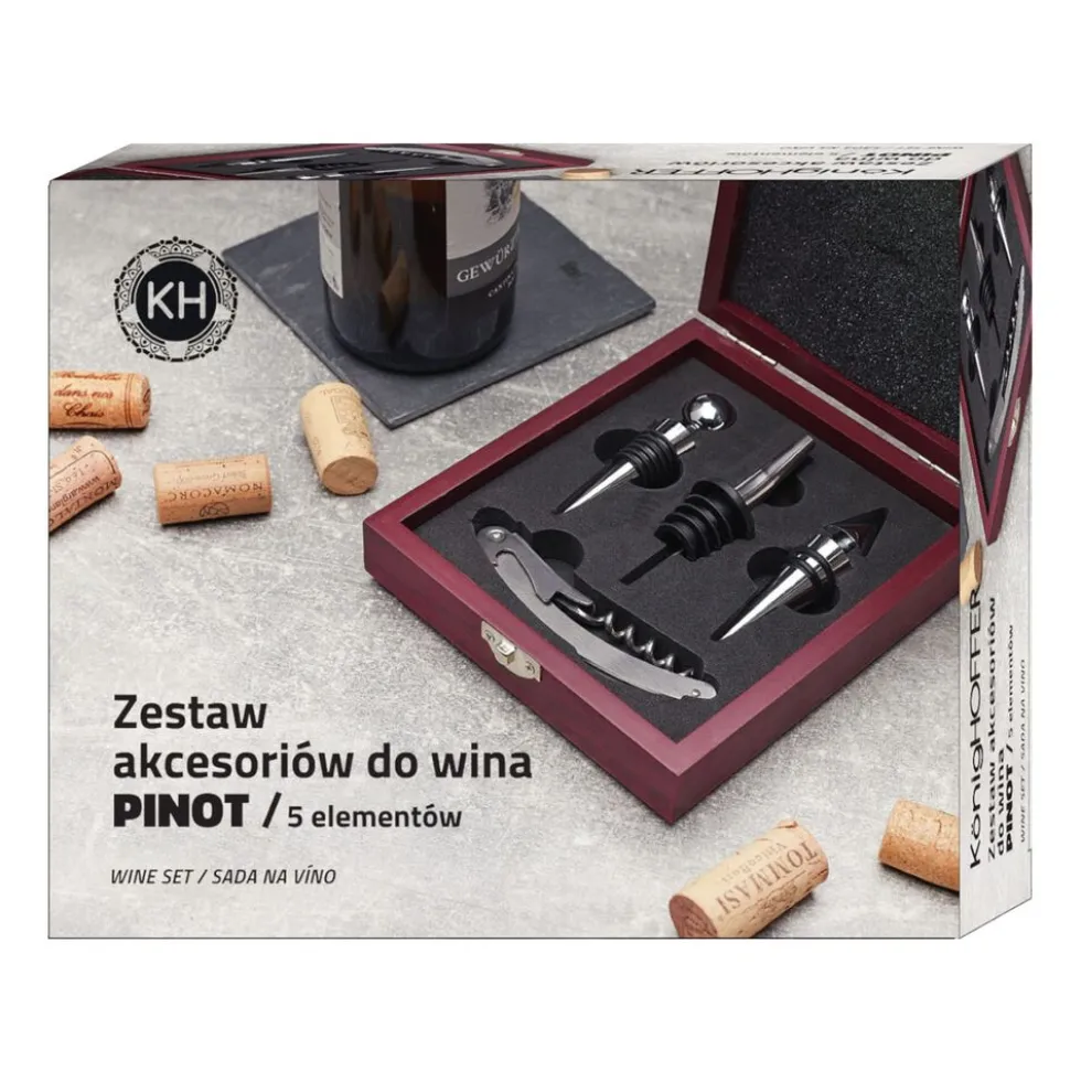 Zestaw do wina Konighoffer Pinot, 5 elementów, w drewnianym pudełku