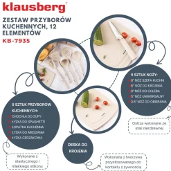 Zestaw przyborów kuchennych Klausberg, 12 elementów, z nożami i deską, beżowe