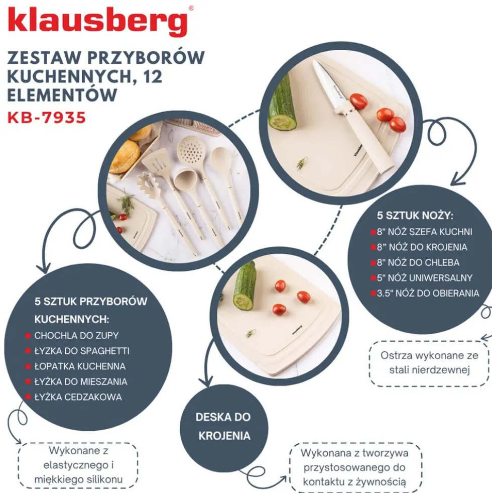 Zestaw przyborów kuchennych Klausberg, 12 elementów, z nożami i deską, beżowe