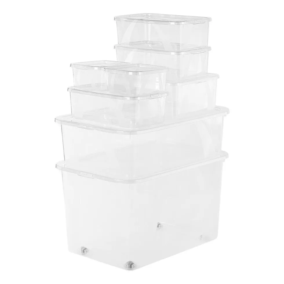 Zestaw 8 pudełek do przechowywania Rotho Lona, 50 l, 29 l, 10 l, 5 l (3), 2 l (2), transparentne