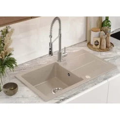 Zlewozmywak granitowy jednokomorowy z ociekaczem beżowy Root Chef Long, 770 x 440 x 175 mm