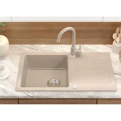 Zlewozmywak jednokomorowy z baterią, granitowy, beżowy, Root Chef & Basic Long, 770 x 440 x 175 mm