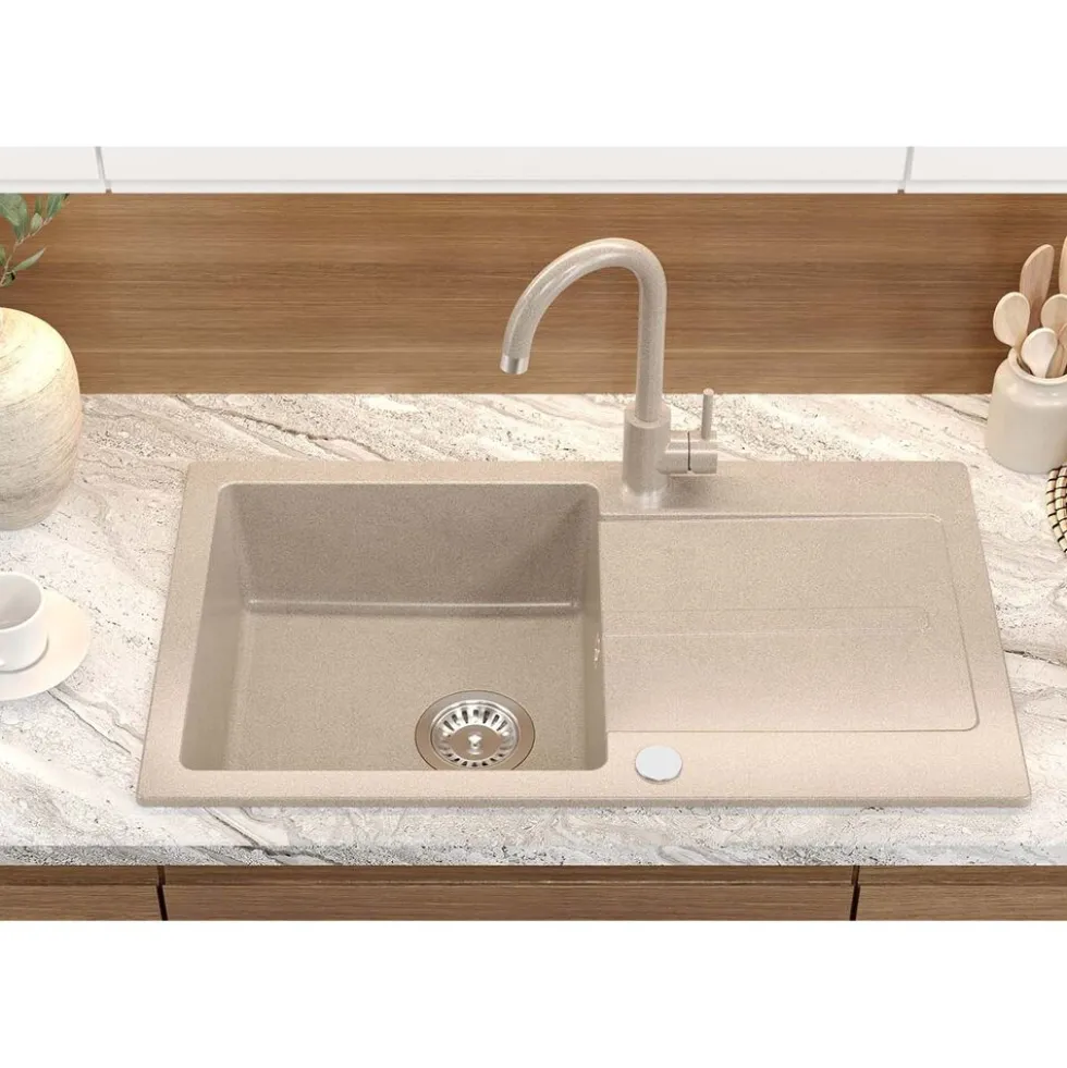 Zlewozmywak jednokomorowy z baterią, granitowy, beżowy, Root Chef & Basic Long, 770 x 440 x 175 mm
