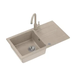 Zlewozmywak jednokomorowy z baterią, granitowy, beżowy, Root Chef & Basic Long, 770 x 440 x 175 mm